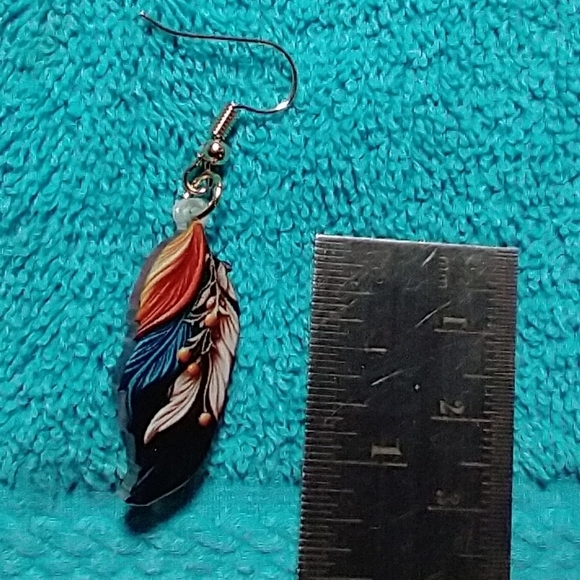 Wire dangle earrings feather art colorful multicolor blue orange white - Picture 2 of 3